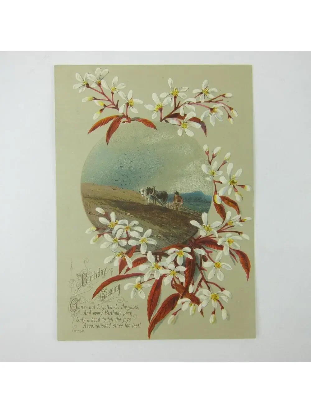 Victorian Birthday Greeting Card Farmer Plow Horses White Flower Blossom Antique
